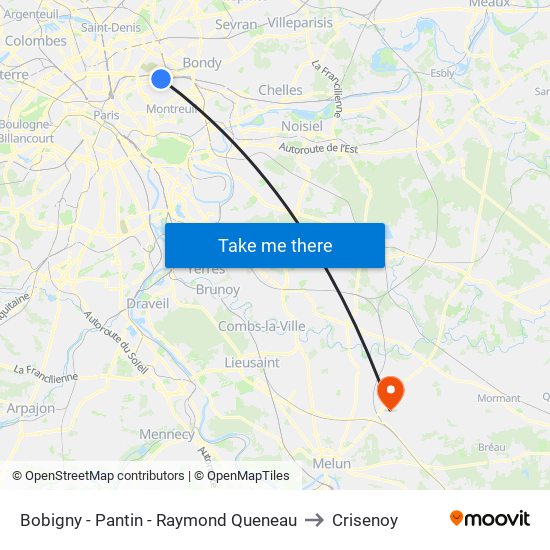 Bobigny - Pantin - Raymond Queneau to Crisenoy map