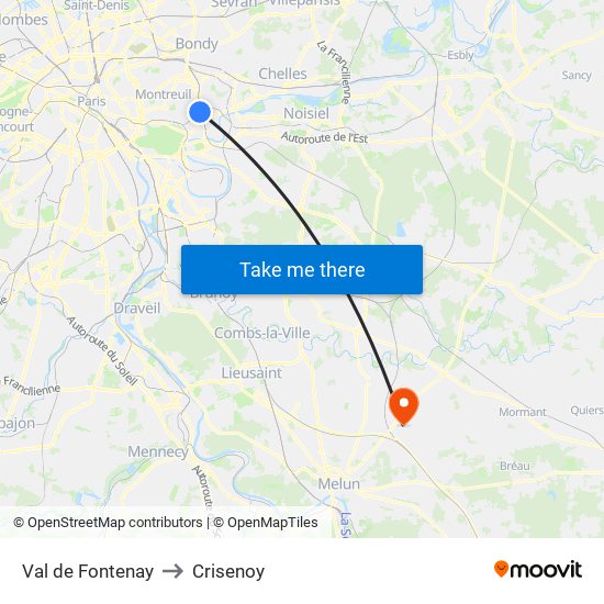 Val de Fontenay to Crisenoy map