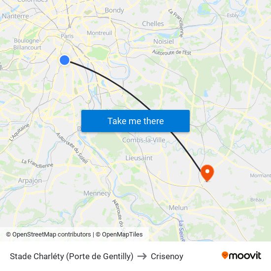 Stade Charléty (Porte de Gentilly) to Crisenoy map