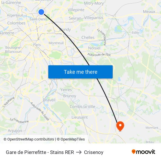 Gare de Pierrefitte - Stains RER to Crisenoy map