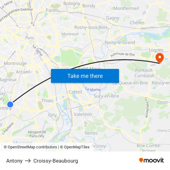 Antony to Croissy-Beaubourg map