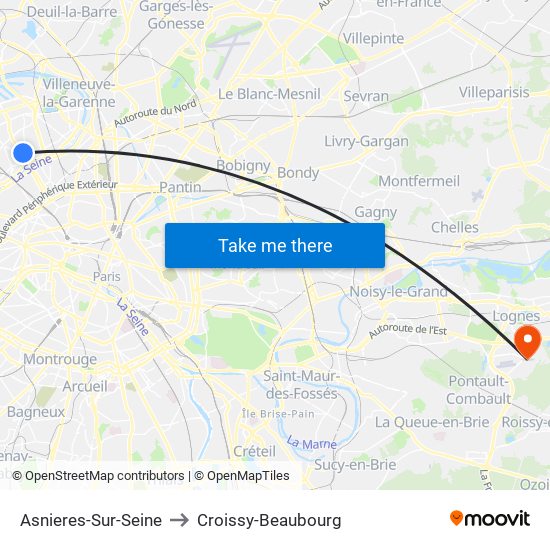 Asnieres-Sur-Seine to Croissy-Beaubourg map