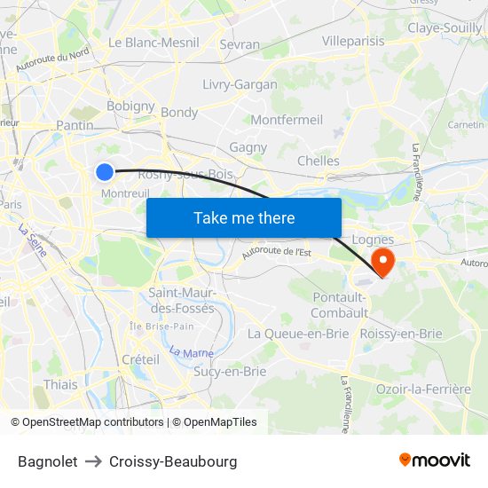 Bagnolet to Croissy-Beaubourg map