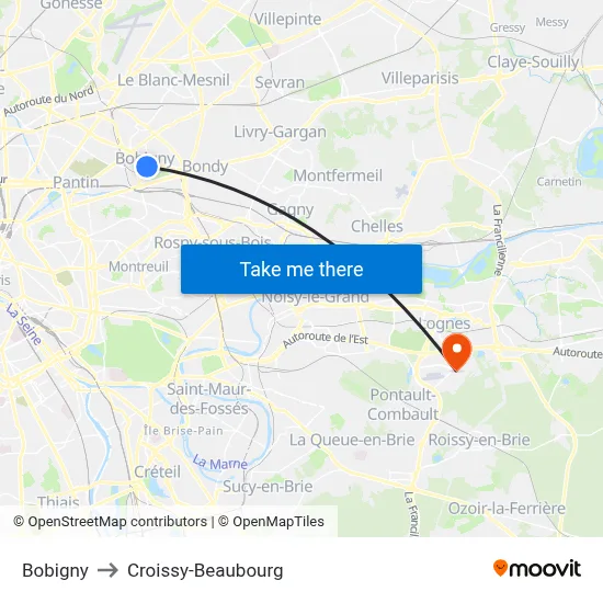 Bobigny to Croissy-Beaubourg map