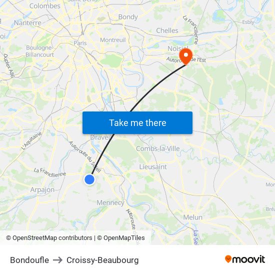 Bondoufle to Croissy-Beaubourg map