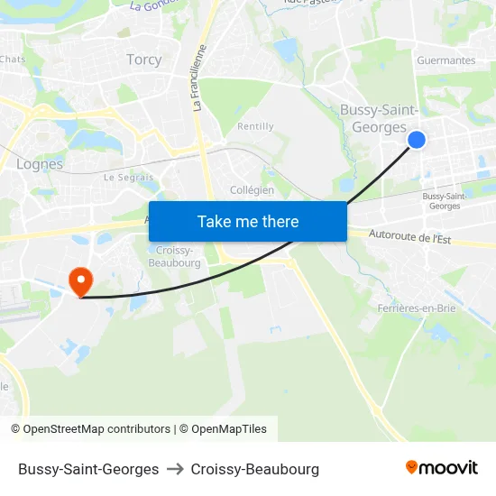 Bussy-Saint-Georges to Croissy-Beaubourg map