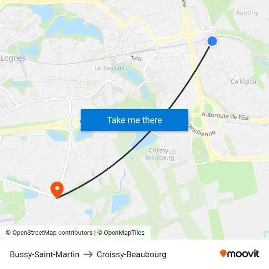 Bussy-Saint-Martin to Croissy-Beaubourg map