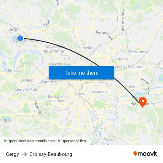 Cergy to Croissy-Beaubourg map