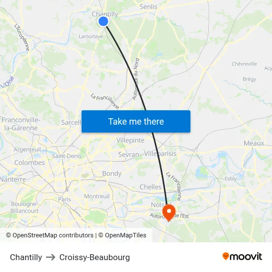 Chantilly to Croissy-Beaubourg map