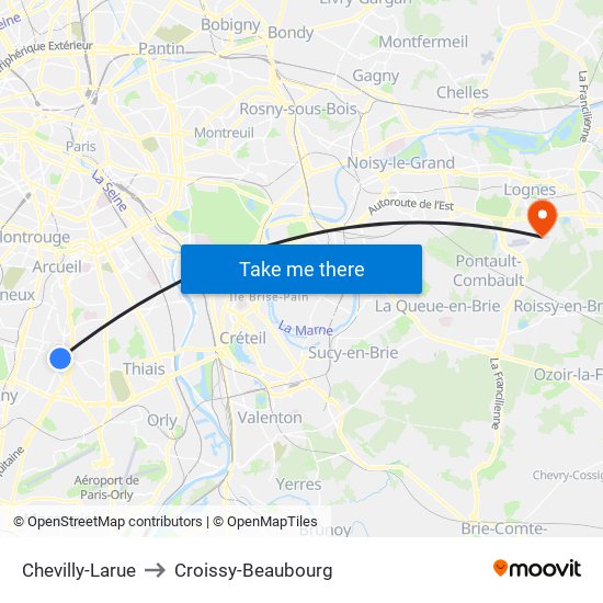 Chevilly-Larue to Croissy-Beaubourg map