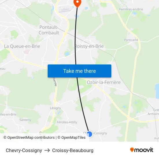 Chevry-Cossigny to Croissy-Beaubourg map