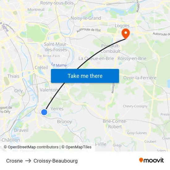 Crosne to Croissy-Beaubourg map