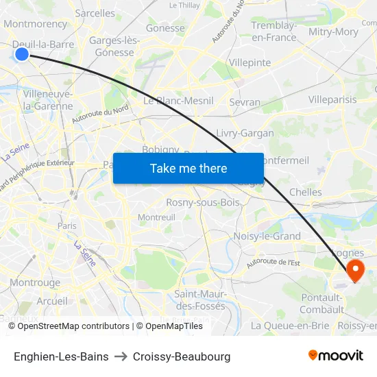 Enghien-Les-Bains to Croissy-Beaubourg map