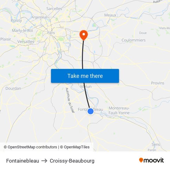 Fontainebleau to Croissy-Beaubourg map