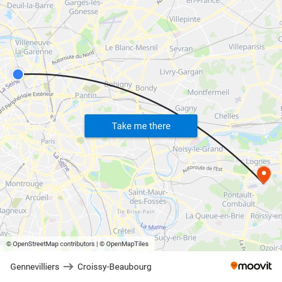Gennevilliers to Croissy-Beaubourg map