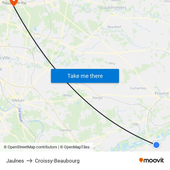 Jaulnes to Croissy-Beaubourg map