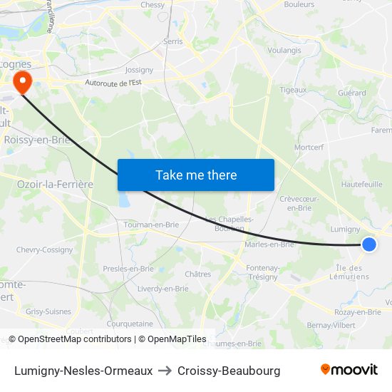 Lumigny-Nesles-Ormeaux to Croissy-Beaubourg map