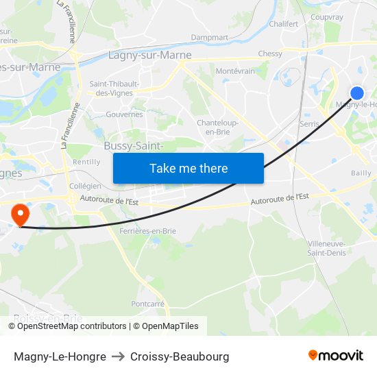 Magny-Le-Hongre to Croissy-Beaubourg map