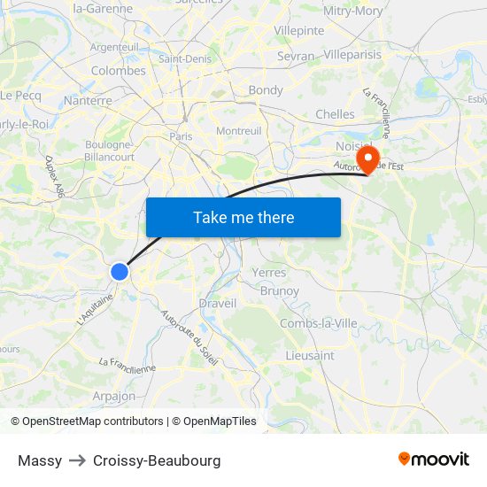 Massy to Croissy-Beaubourg map
