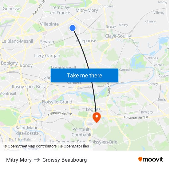 Mitry-Mory to Croissy-Beaubourg map