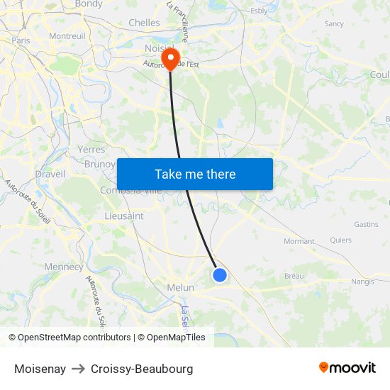 Moisenay to Croissy-Beaubourg map