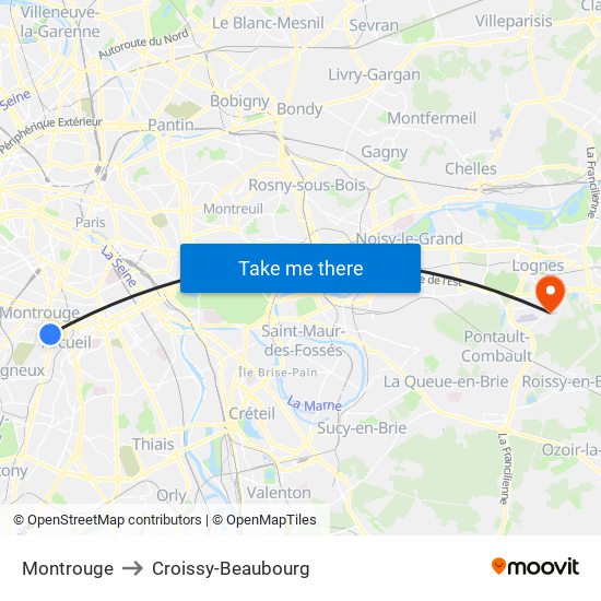 Montrouge to Croissy-Beaubourg map
