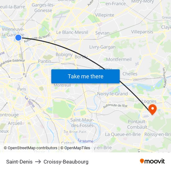 Saint-Denis to Croissy-Beaubourg map