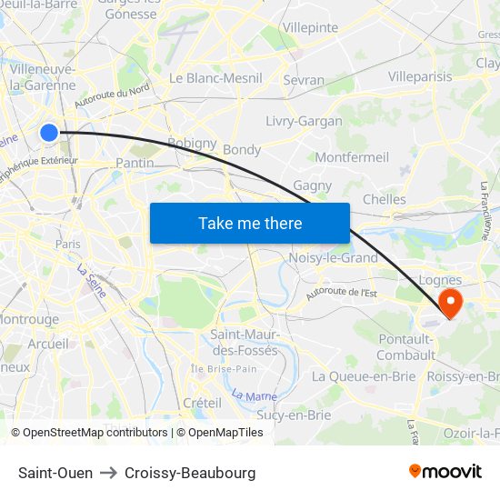 Saint-Ouen to Croissy-Beaubourg map