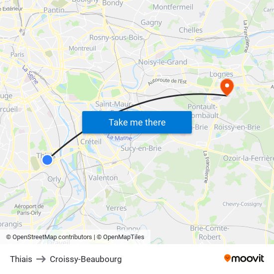 Thiais to Croissy-Beaubourg map