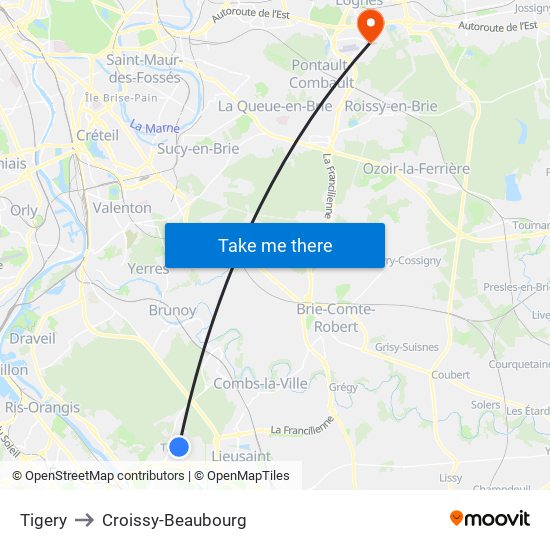 Tigery to Croissy-Beaubourg map