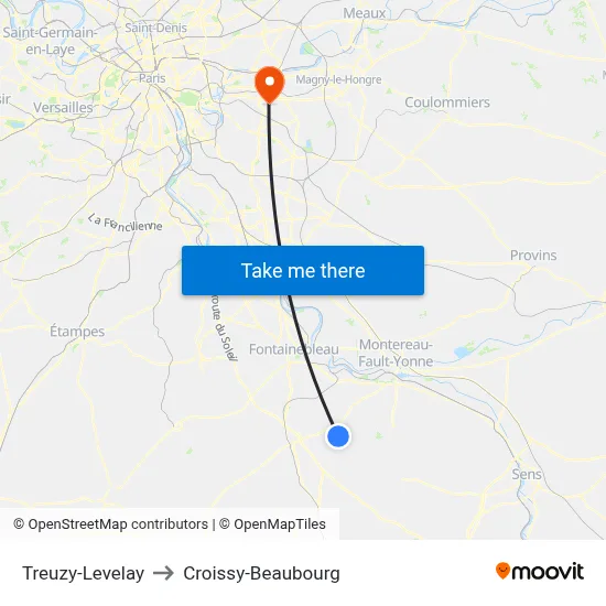 Treuzy-Levelay to Croissy-Beaubourg map