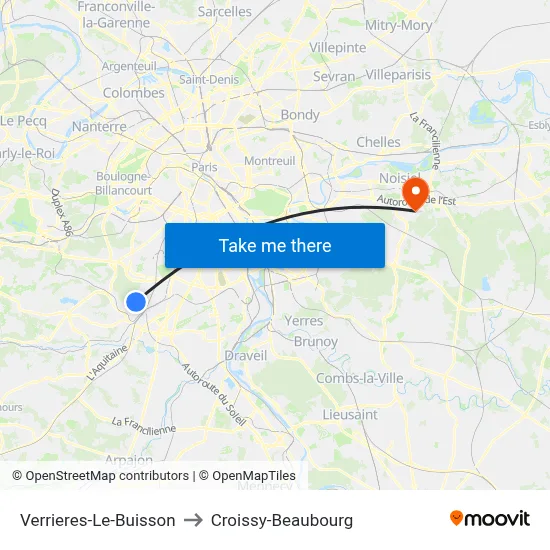 Verrieres-Le-Buisson to Croissy-Beaubourg map