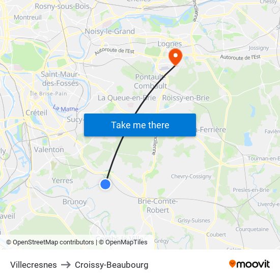 Villecresnes to Croissy-Beaubourg map