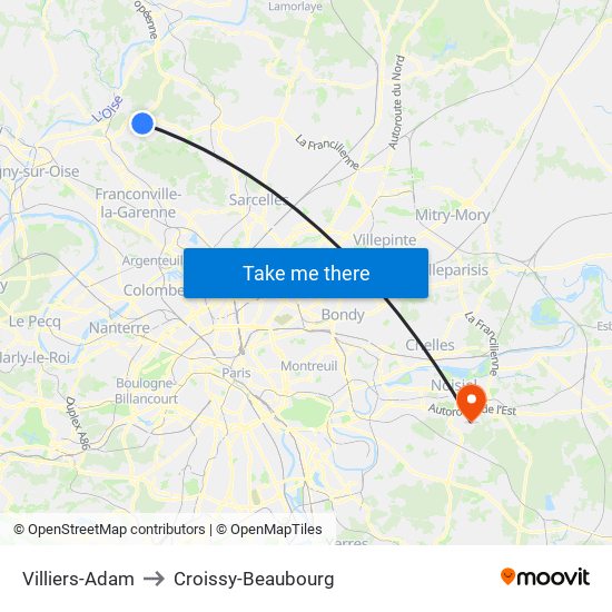 Villiers-Adam to Croissy-Beaubourg map