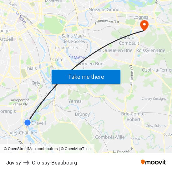 Juvisy to Croissy-Beaubourg map