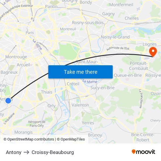Antony to Croissy-Beaubourg map