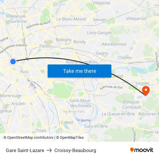 Gare Saint-Lazare to Croissy-Beaubourg map