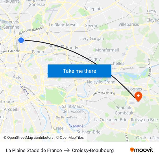 La Plaine Stade de France to Croissy-Beaubourg map