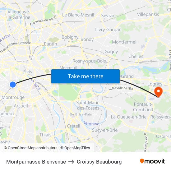 Montparnasse-Bienvenue to Croissy-Beaubourg map