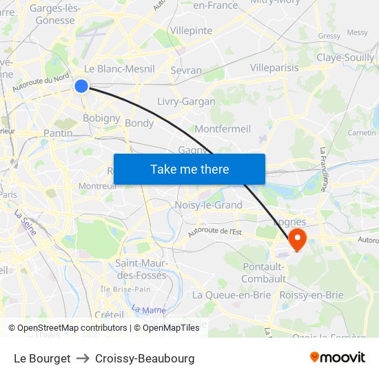 Le Bourget to Croissy-Beaubourg map