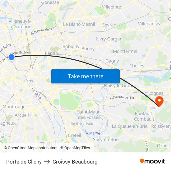 Porte de Clichy to Croissy-Beaubourg map