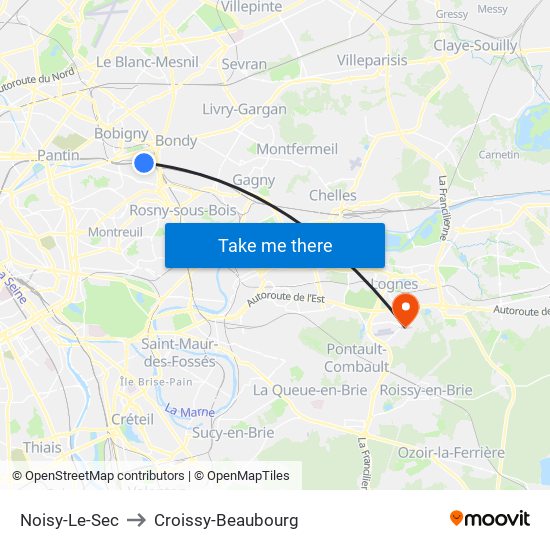 Noisy-Le-Sec to Croissy-Beaubourg map