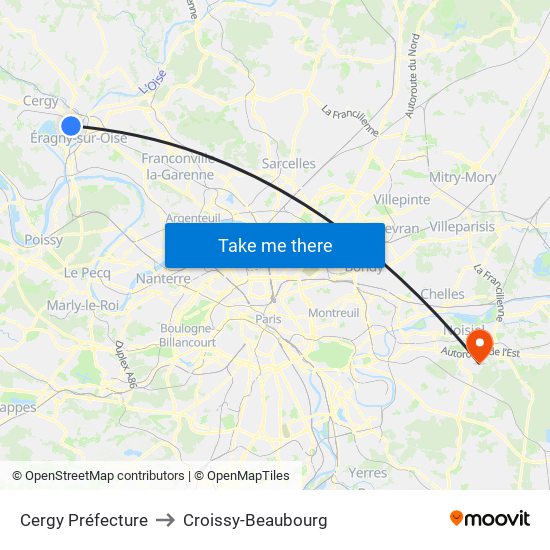 Cergy Préfecture to Croissy-Beaubourg map