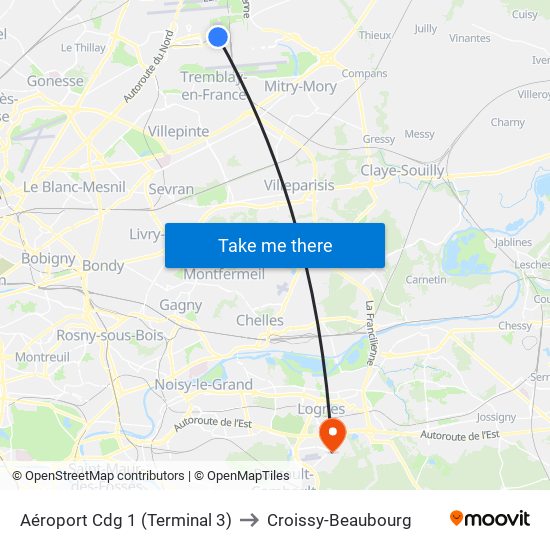 Aéroport Cdg 1 (Terminal 3) to Croissy-Beaubourg map