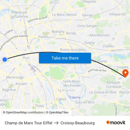 Champ de Mars Tour Eiffel to Croissy-Beaubourg map