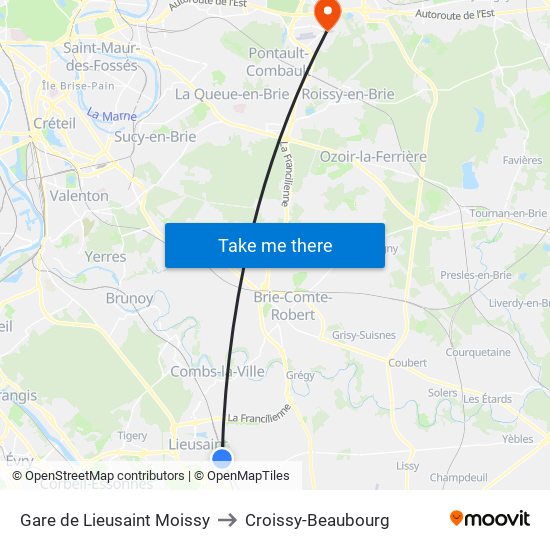 Gare de Lieusaint Moissy to Croissy-Beaubourg map