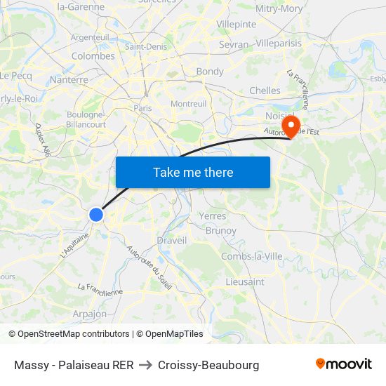 Massy - Palaiseau RER to Croissy-Beaubourg map