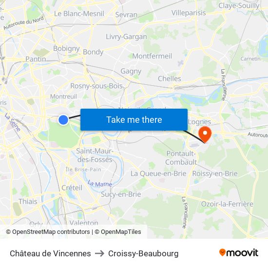 Château de Vincennes to Croissy-Beaubourg map