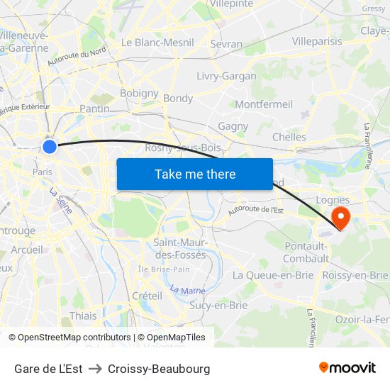 Gare de L'Est to Croissy-Beaubourg map