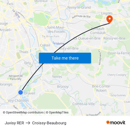 Juvisy RER to Croissy-Beaubourg map